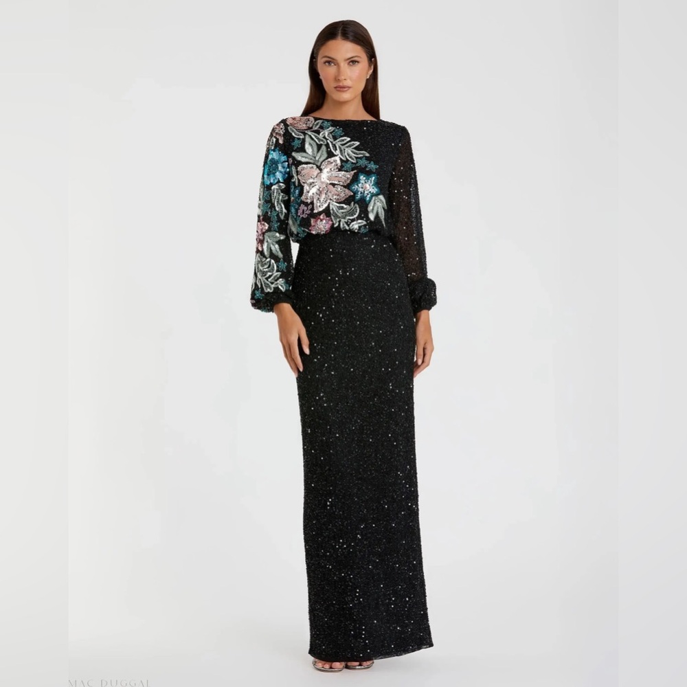 Mac Duggal Black Sequin Floral Long Sleeve Gown